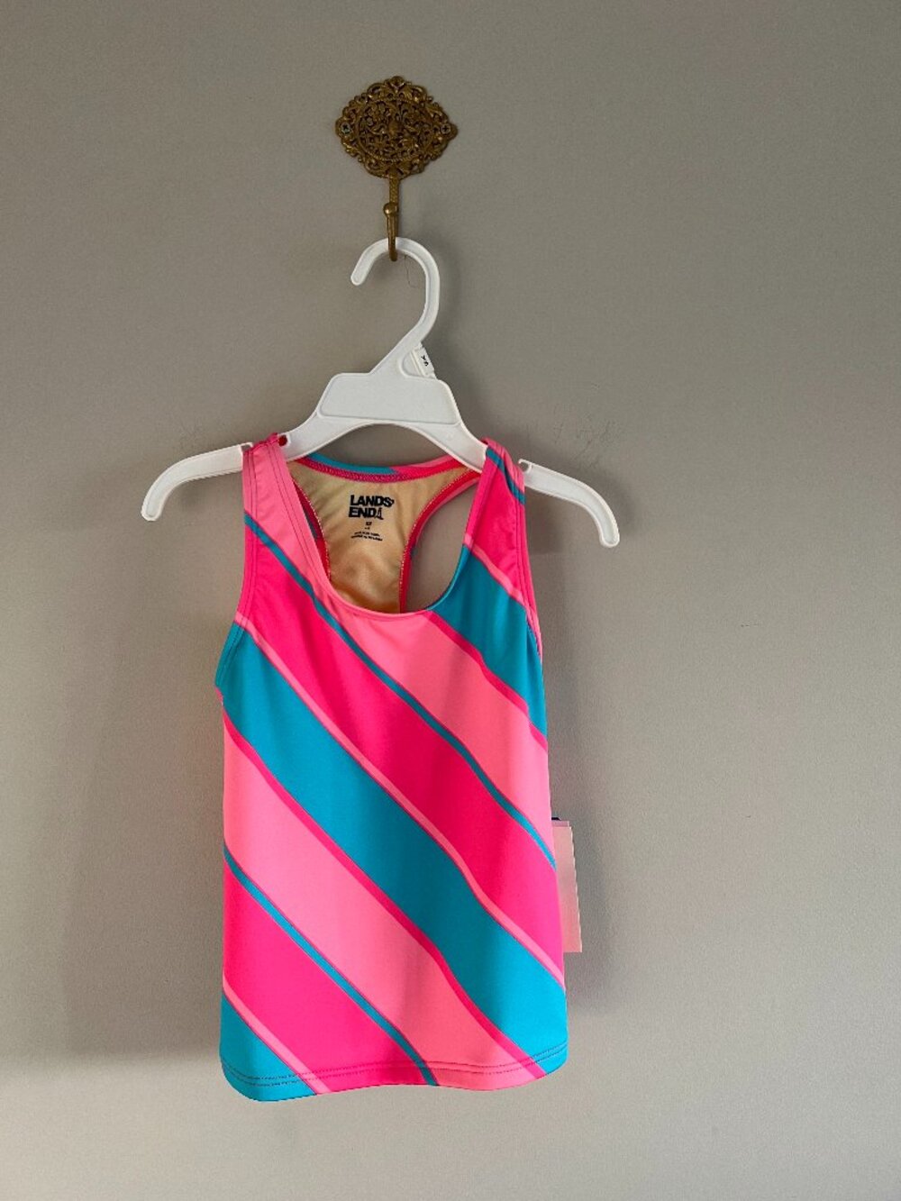 Lands’ End Girls XS 4-5 Tankini Top Pink Teal Stripe Racerback Swim NWT UPF 50